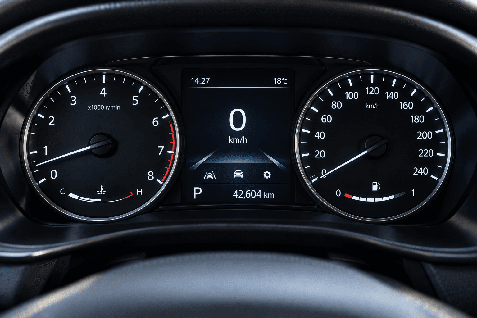 Return dashboard showing 42,604 kilometres and fuel at 80 percent