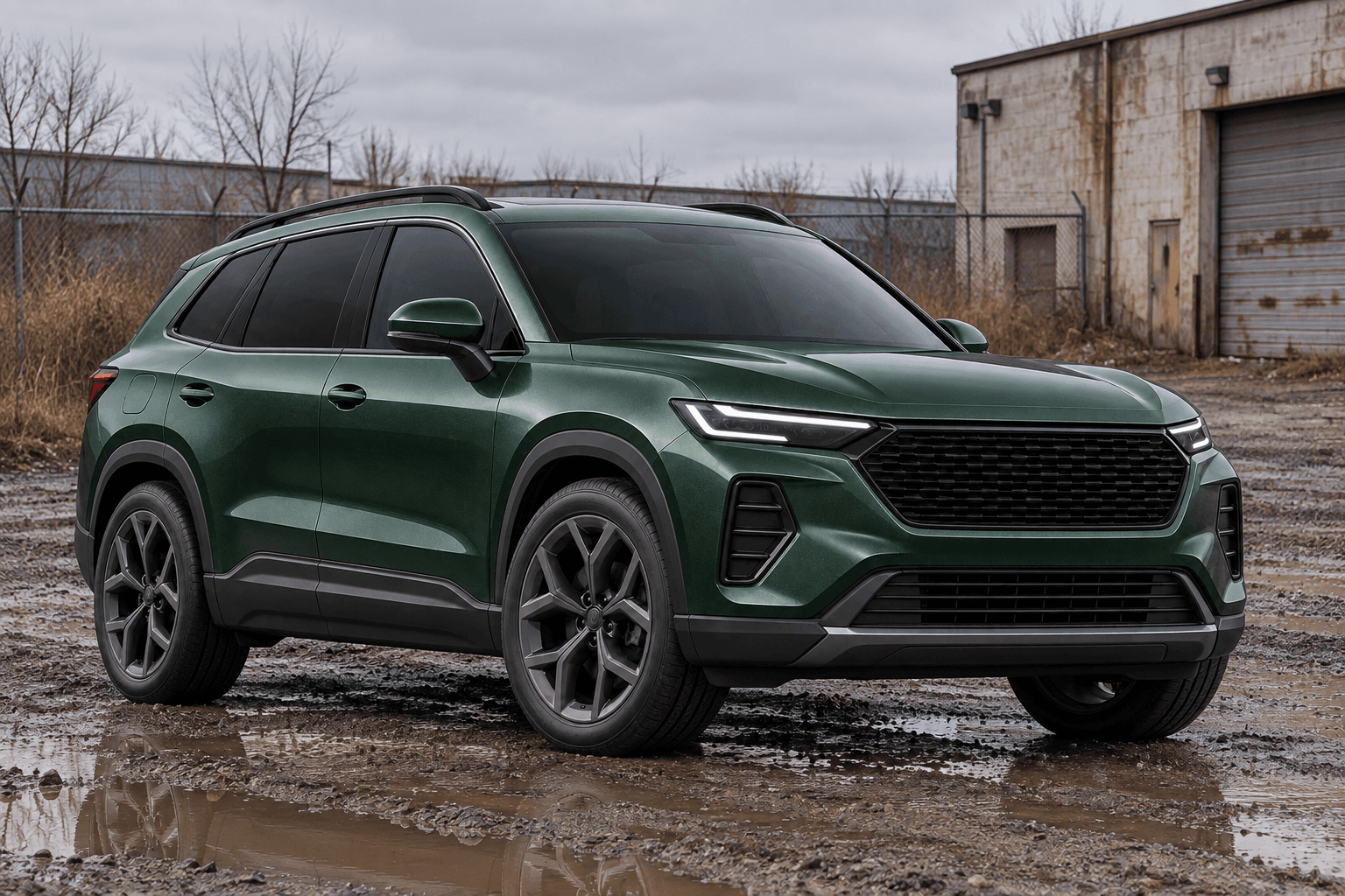Unprepared forest green SUV photographed outdoors on a wet industrial lot