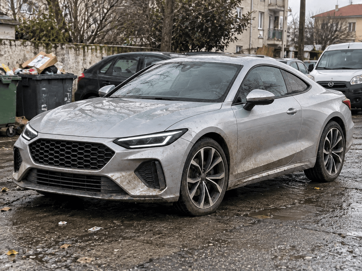 Silver gray coupe photographed on its original real-world background