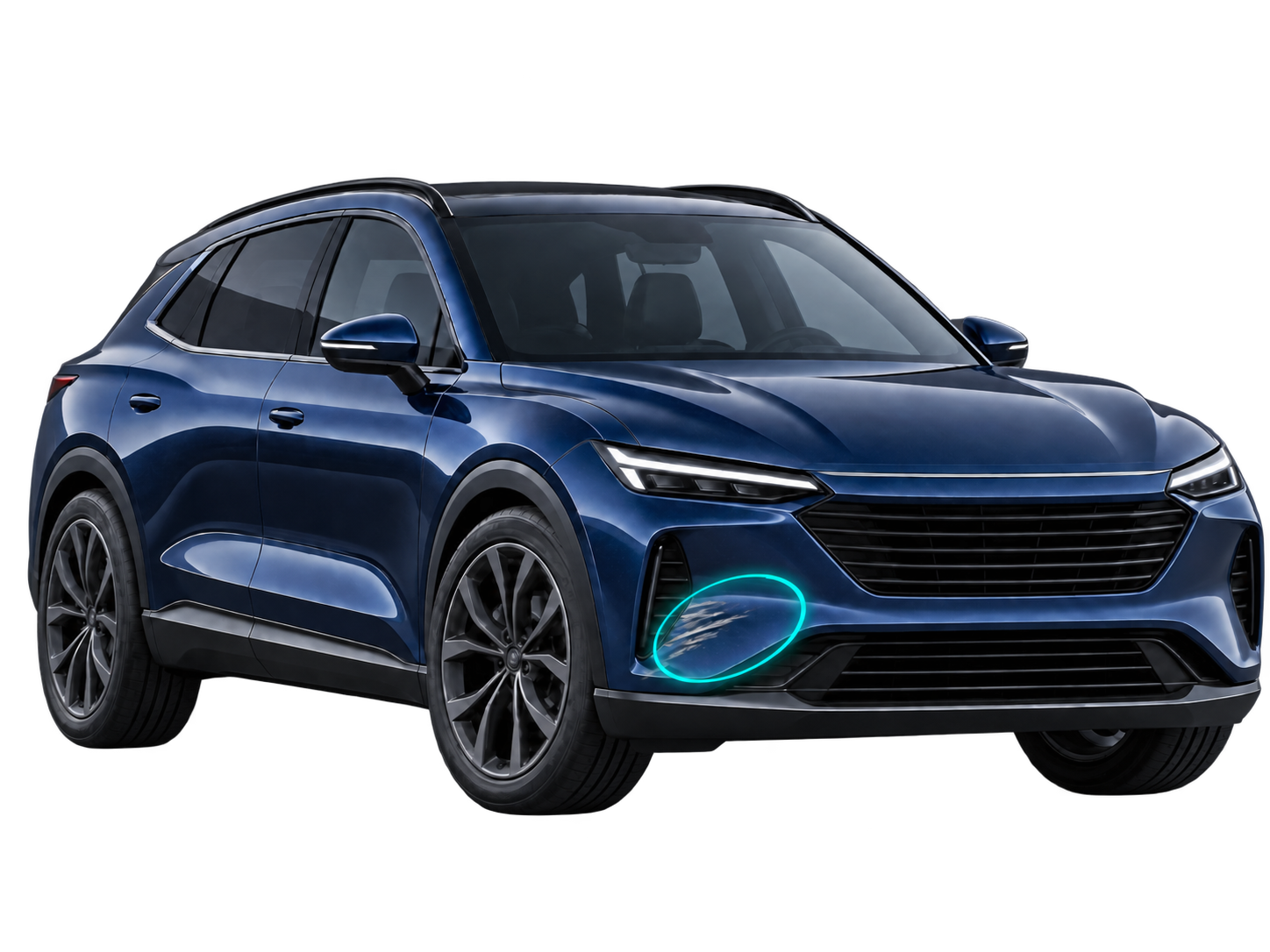 Premium dark blue SUV with a highlighted scratch on the front bumper
